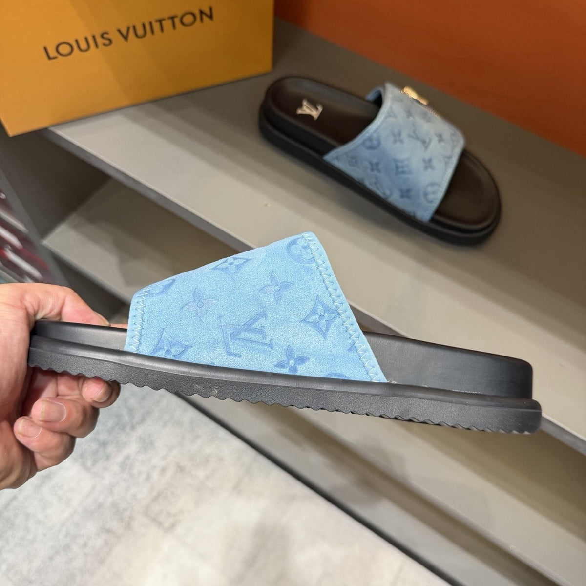 Louis Vuitton Light Blue Zip-Accent Slide Sandals